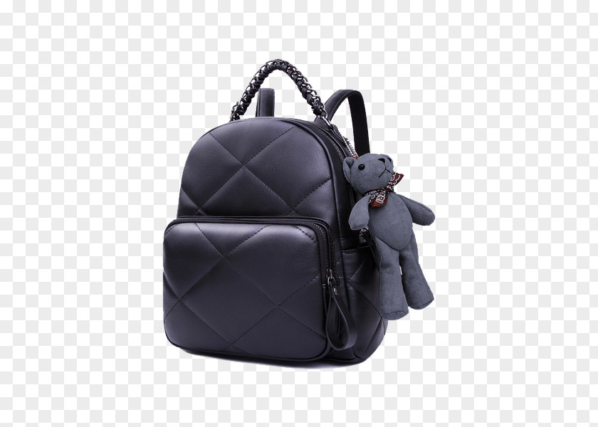 Black Quilted Bear Pendant Ms. Backpack Handbag Fashion Leather PNG