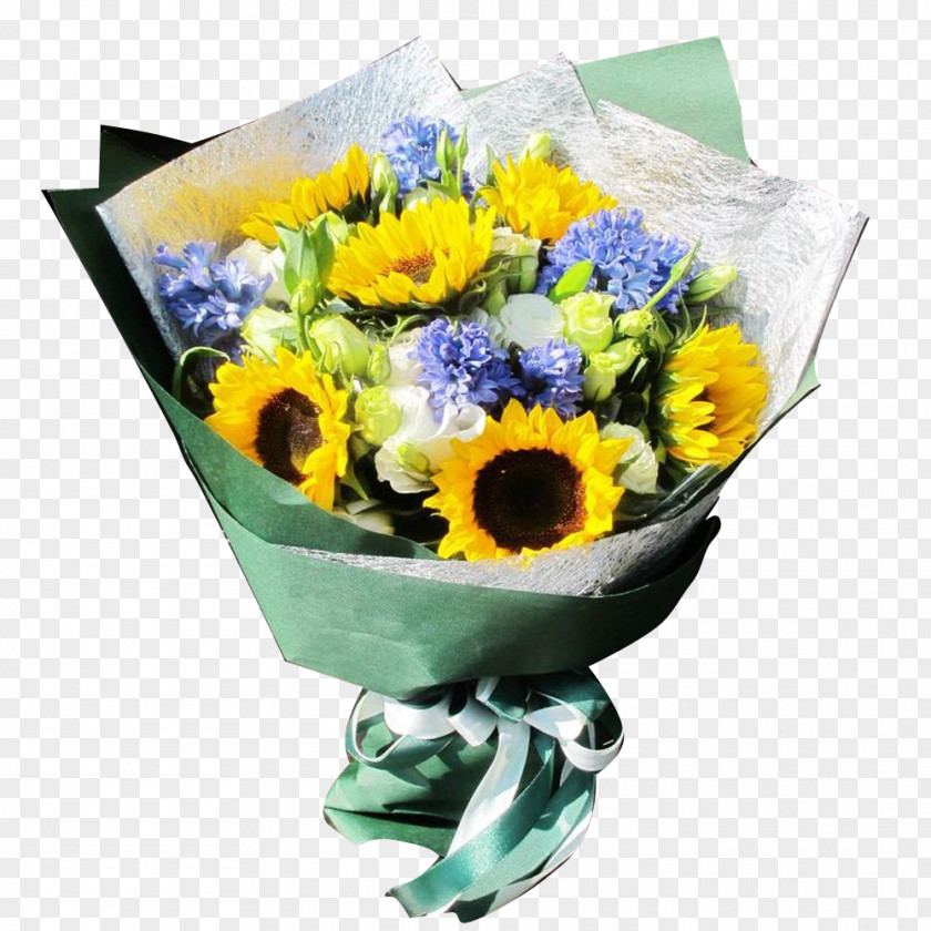 Blue-green Packaging Sunflower Floral Design Cut Flowers Common Flower Bouquet PNG