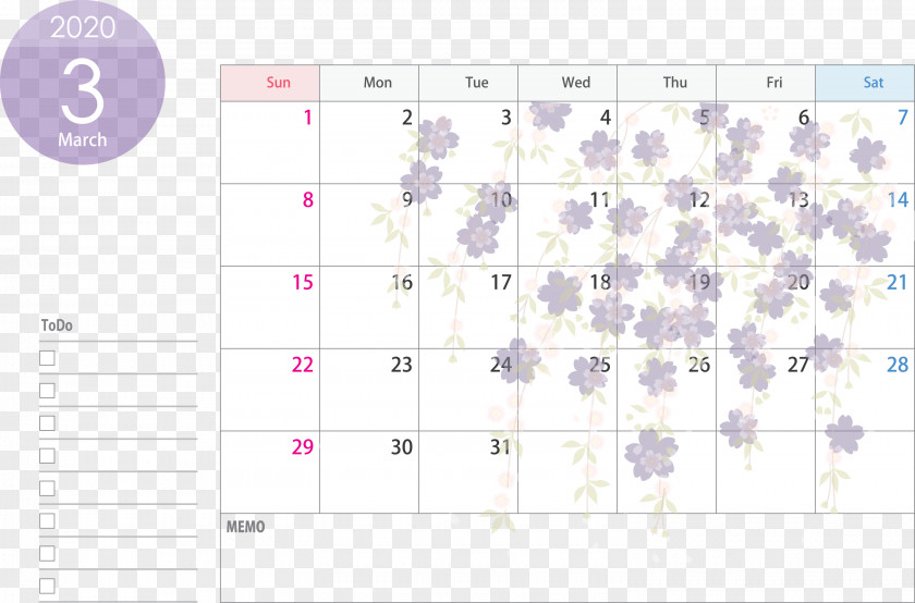 March 2020 Calendar Printable PNG