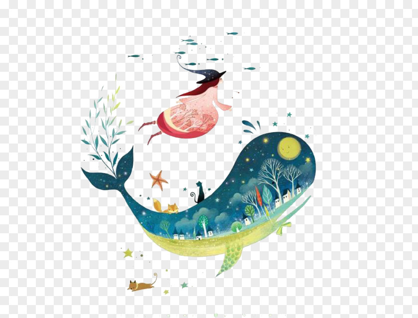 Cartoon Whale Night Sky Poster Creative Work Illustration PNG
