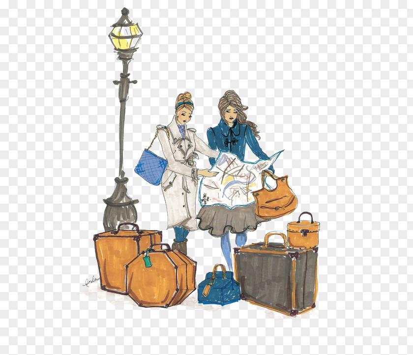 Drawing Travel Girl Fashion Illustration PNG Illustration, girl, two girls standing beside gray lamppost drawing clipart PNG