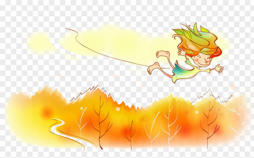 Flying Child Color Background Autumn Season Drawing Illustration PNG