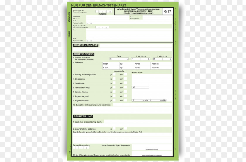 Bonds Vs Fd Arbeitsmedizinische Vorsorgeuntersuchungen G 37 Occupational Medicine Form Berufsgenossenschaft PNG