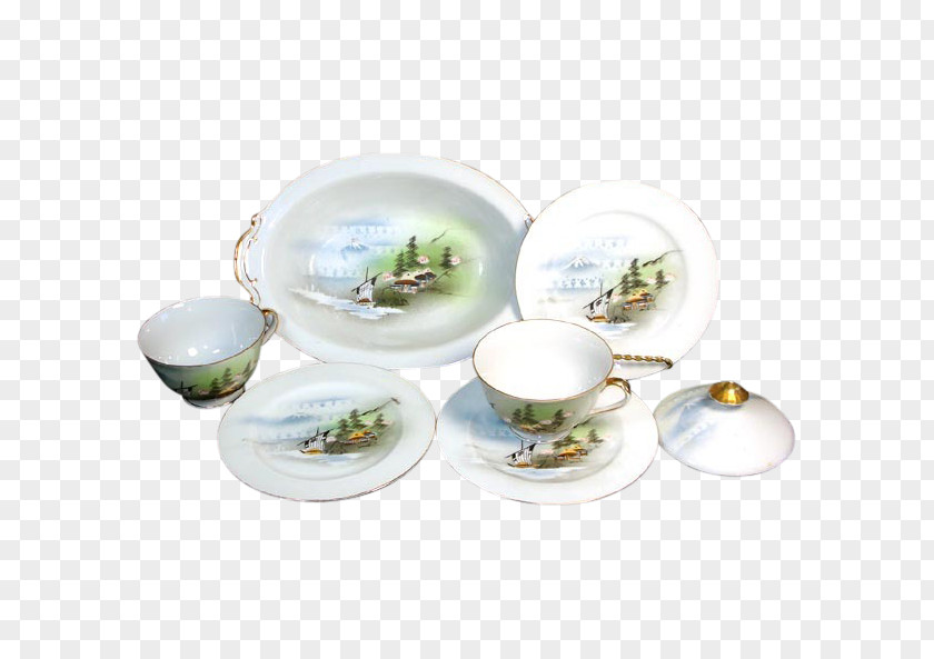 Hand-painted Mountain Landscape Painting Plate Porcelain Saucer Ceramic Cup PNG