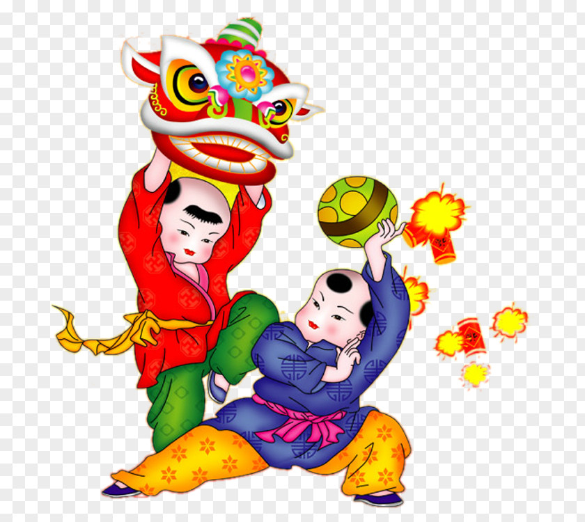 Festive Fuwa Lucky Boy Lion Dance Chinese New Year Firecracker PNG