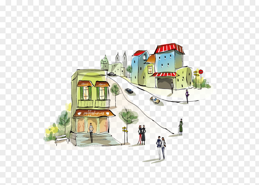 Hand-painted City Building,illustration,Hand Painted,City Streets Building Architecture Illustration PNG