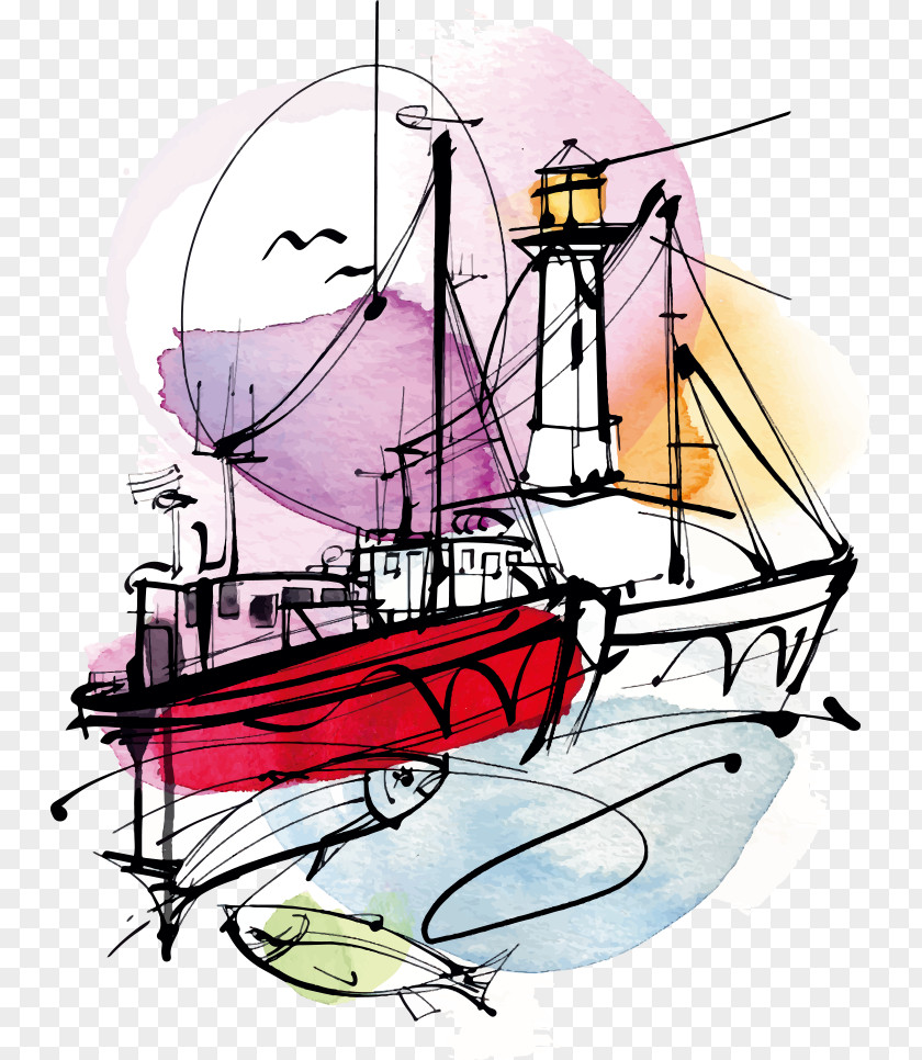Vector Ship And Lighthouse Watercolor Painting Mu1ef9 Thuu1eadt Illustration PNG