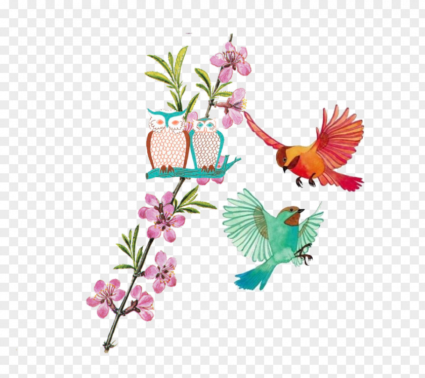 Peach Branch Owl Paper Flower PNG