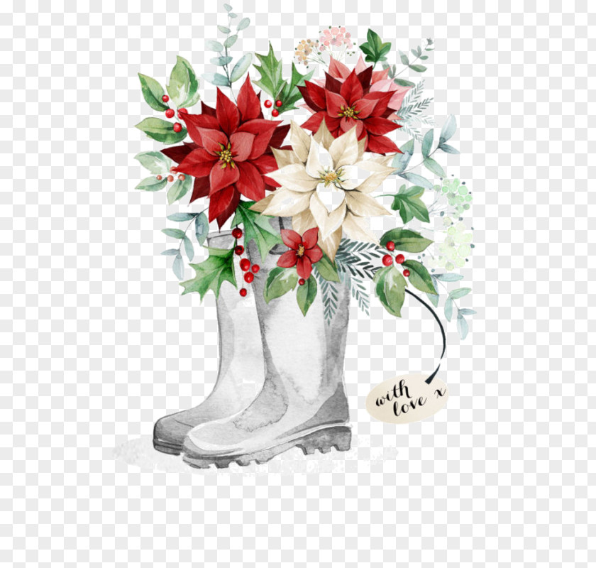 Hand-painted Boots Safflower Christmas Card Gift Clip Art PNG