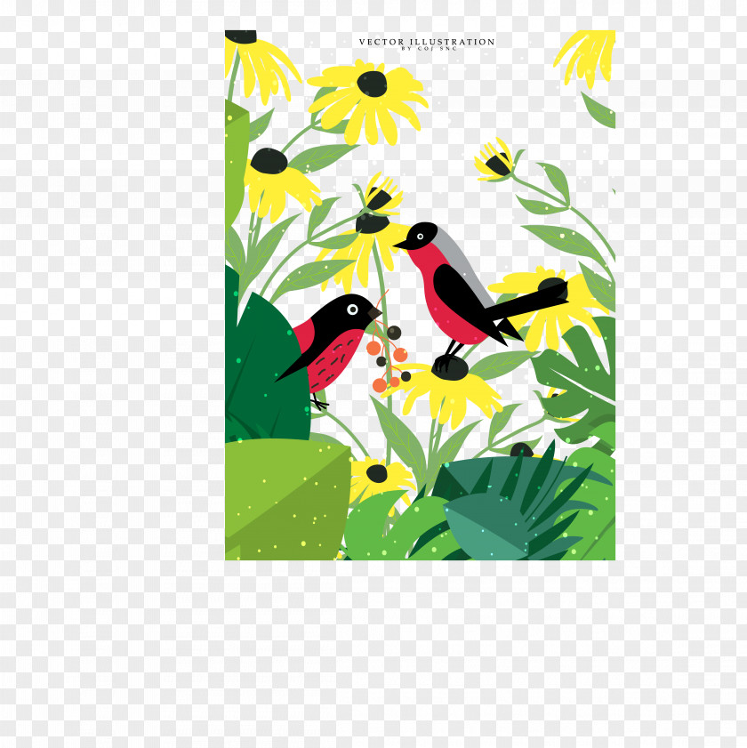 Birds In The Flowering Bush Bird Wildlife Drawing Icon PNG