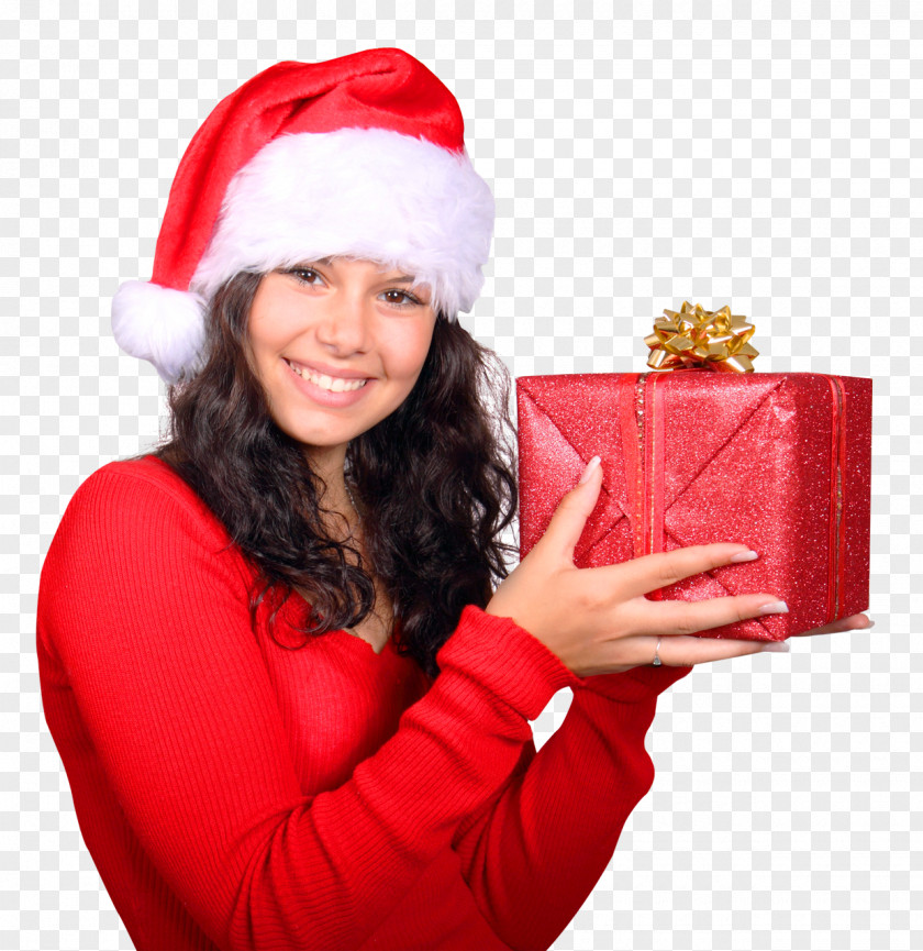 Santa Claus Christmas Gift PNG Gift, Girl Wearing Red Hat clipart PNG