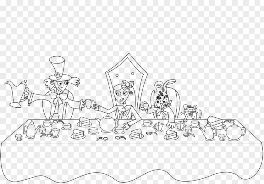 Tea Party Alice's Adventures In Wonderland Line Art White PNG