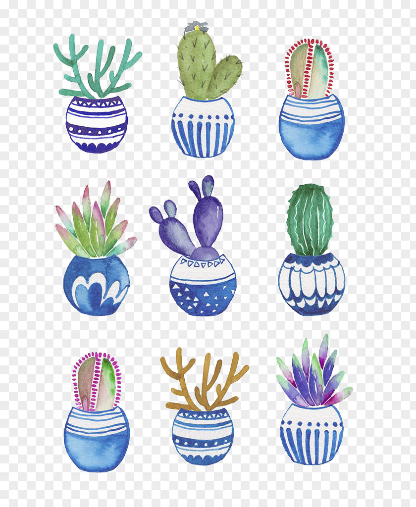 Potted Cactus Watercolor Painting Flowerpot Cactaceae Drawing PNG