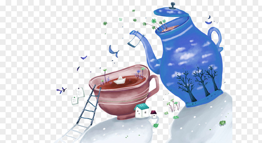 Hand-painted Cartoon Kettle Teapot Teacup Illustration PNG