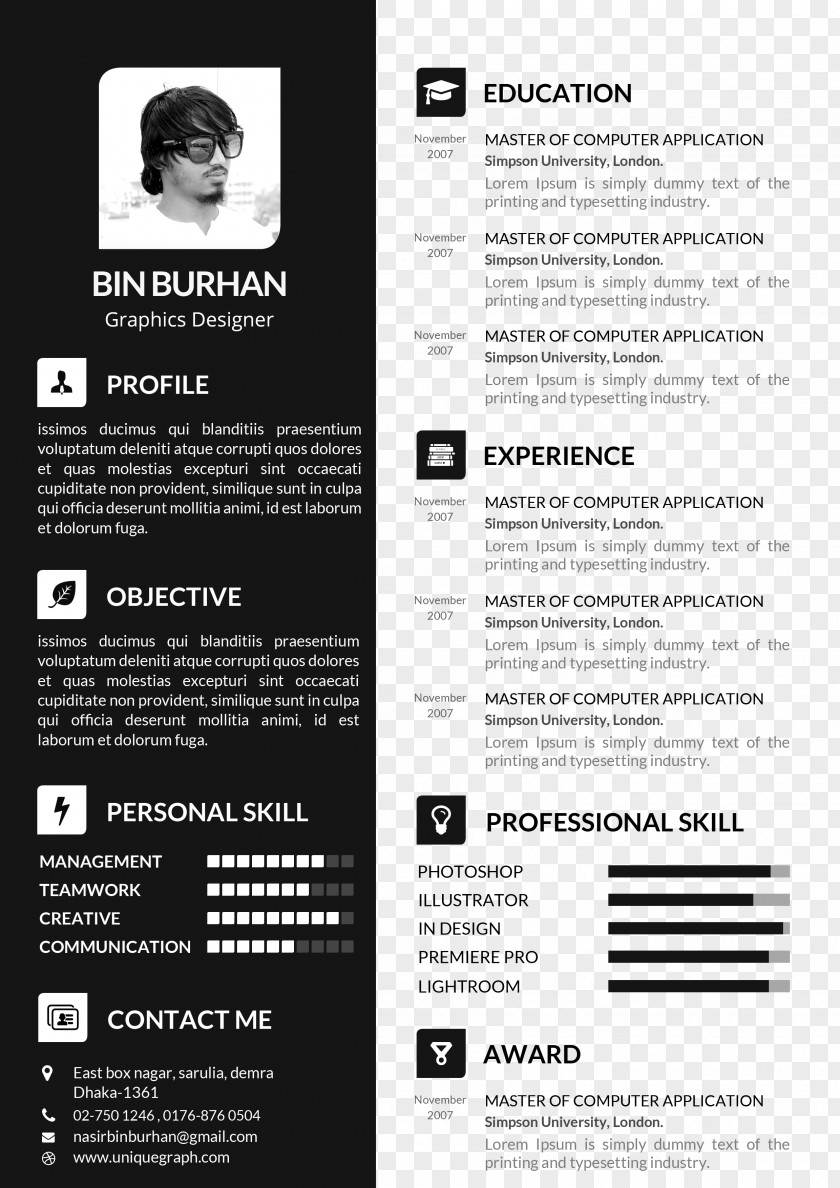 Black Resume Template Résumé Curriculum Vitae Cover Letter PNG