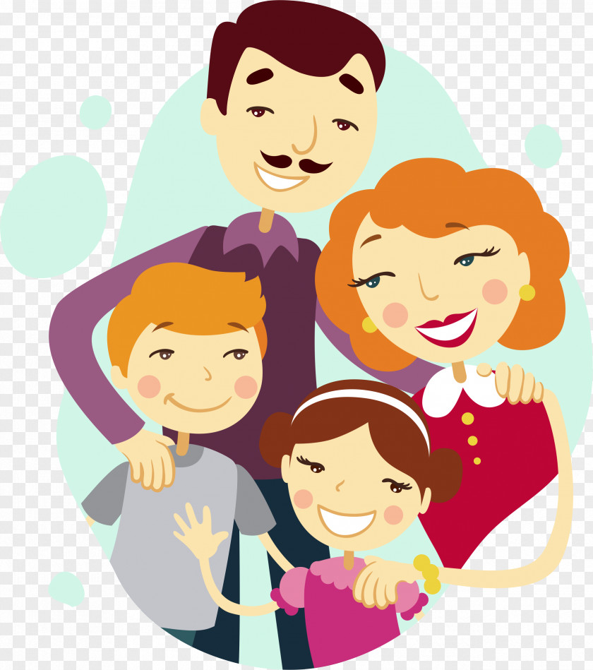 Happy Four People Family Tree Cartoon Illustration PNG