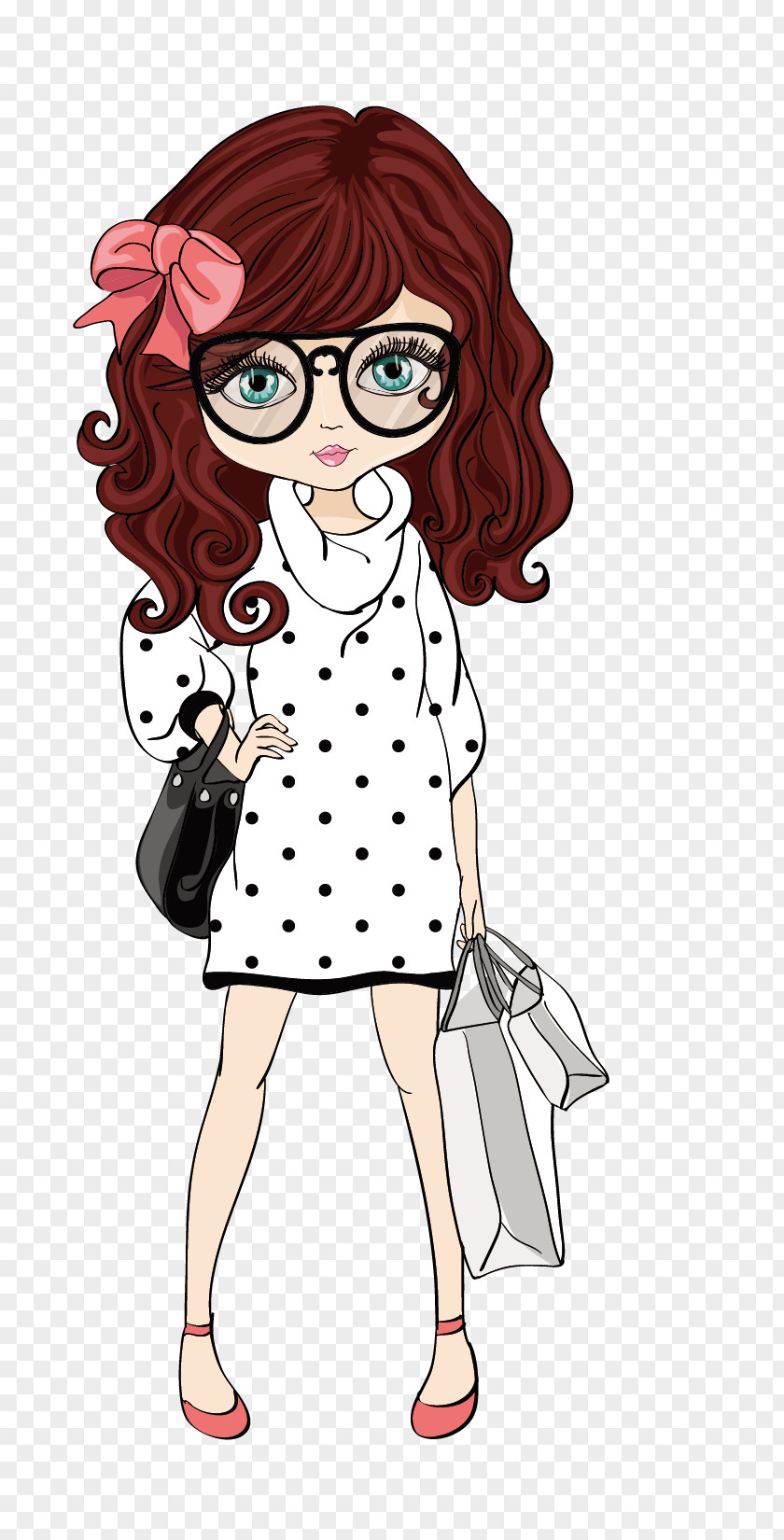 Drawing Girl Illustration PNG Illustration, Quiet girl, woman with white dress holding bags and wearing eyeglasses illustration clipart PNG