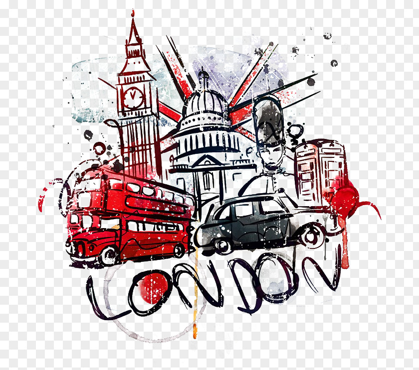 London Watercolor Big Ben Cartoon Illustration PNG