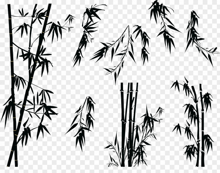 Black And White Bamboo Silhouette Tree Illustration PNG