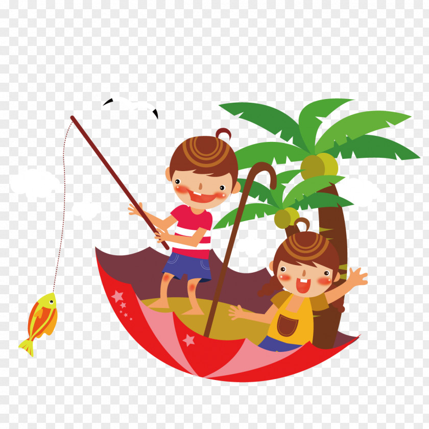 Children Standing On Fishing Umbrella Euclidean Vector PNG