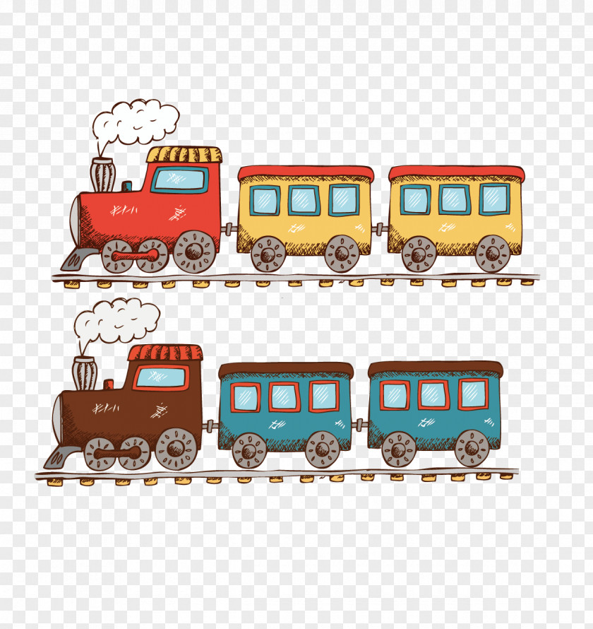 Hand-painted Cartoon Train Vector Material Track Illustration PNG