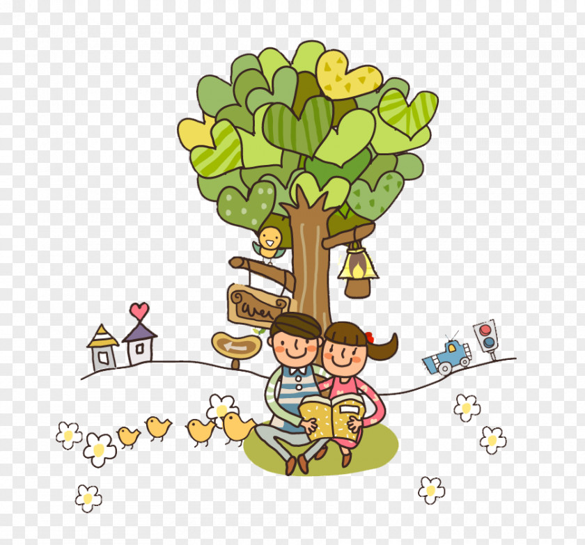 Tree Under The Cartoon Couple Pattern Child PNG