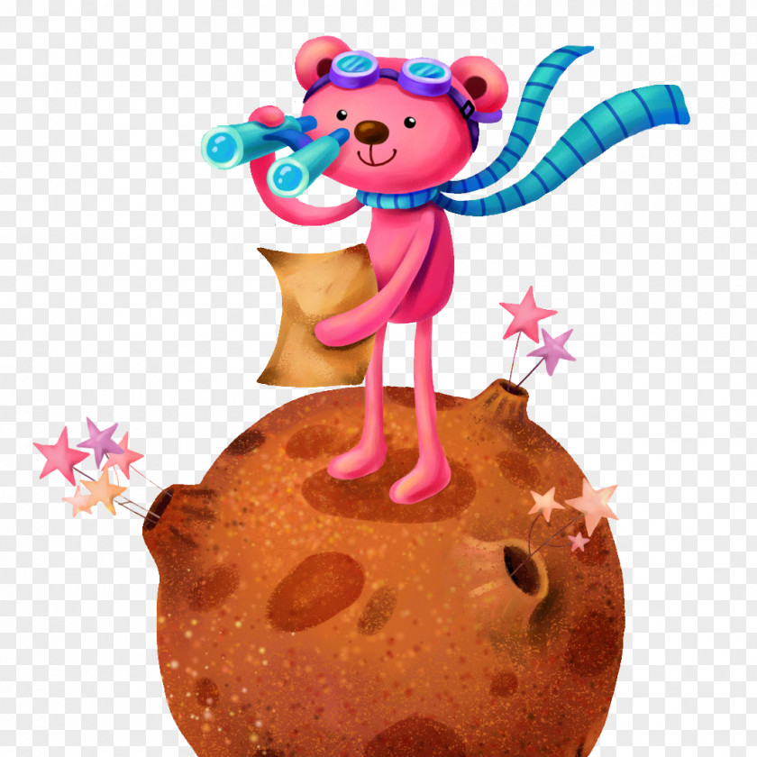 Bear With A Telescope Cartoon Illustration PNG
