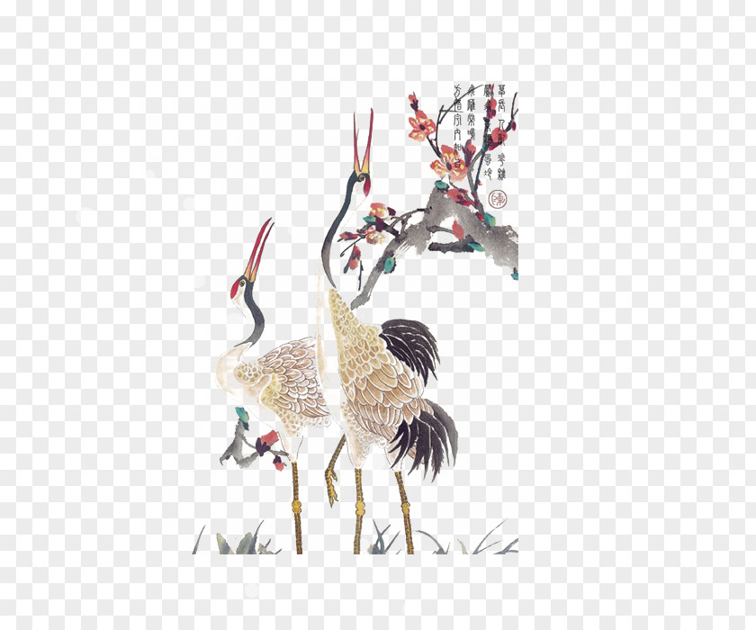 Crane Red-crowned Blossom Ink Wash Painting PNG