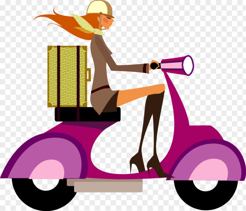 Fashion Girl Illustration PNG Illustration, Hand-painted purple electric vehicles suitcase girl clipart PNG