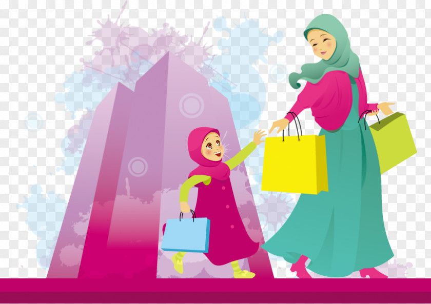 Vector Islamic Women And Children Woman Shopping Clip Art PNG