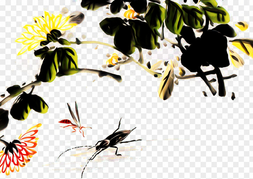 Ink Cricket Wash Painting Chinese Chrysanthemum Art PNG
