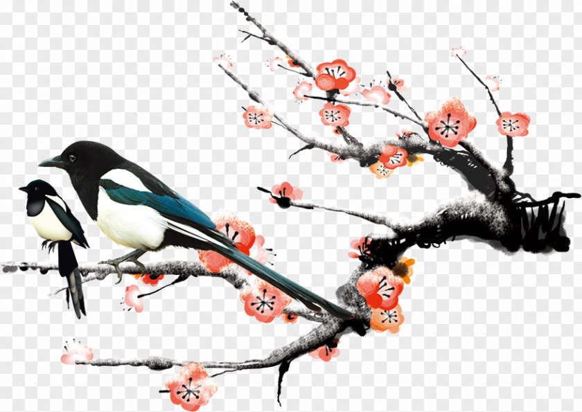 Winter Plum Magpies Eurasian Magpie Bird Papercutting PNG