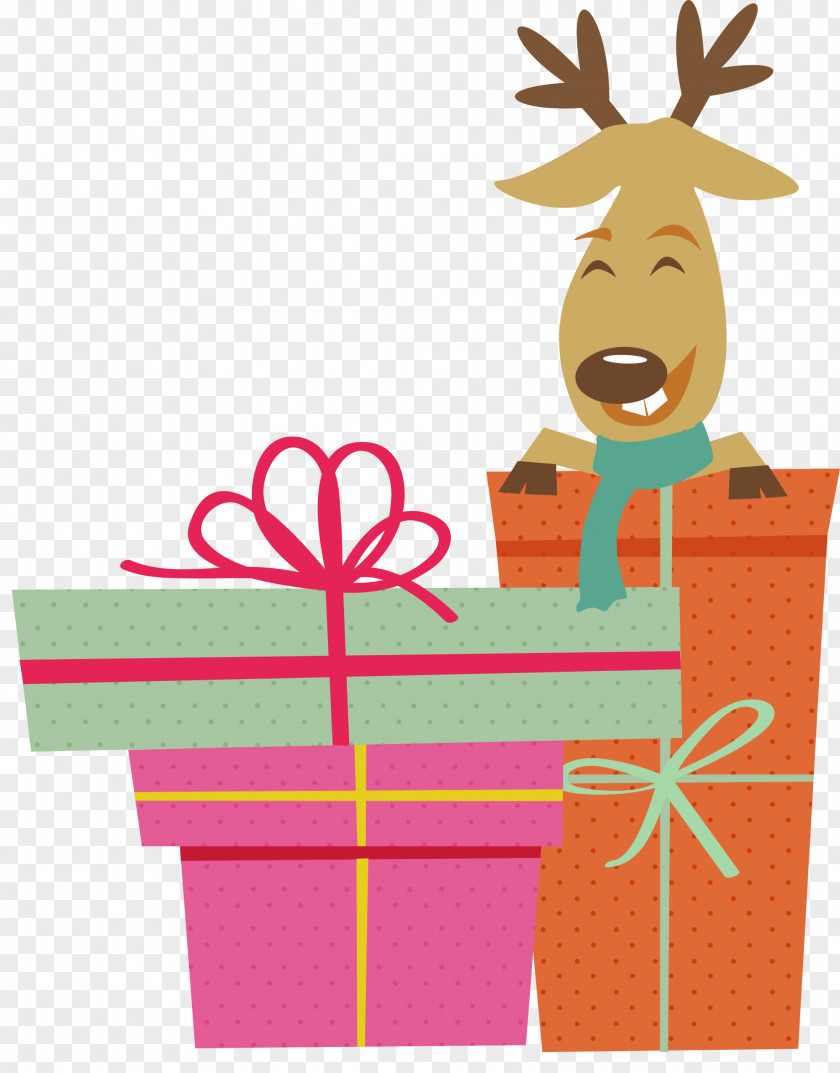 Colorful Christmas Gift Reindeer Illustration PNG