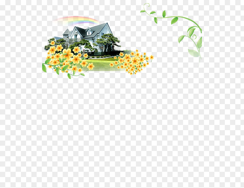 Green Leaves And Flowers House Rainbow Creative Download Template Icon PNG
