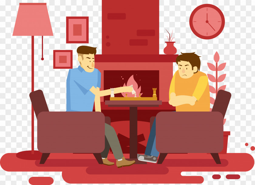 Cartoon Youth In The Living Room Fireplace Next To Chess Vector PNG