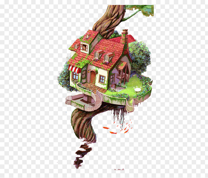 Ocean Dream Tree House Cartoon Illustration PNG