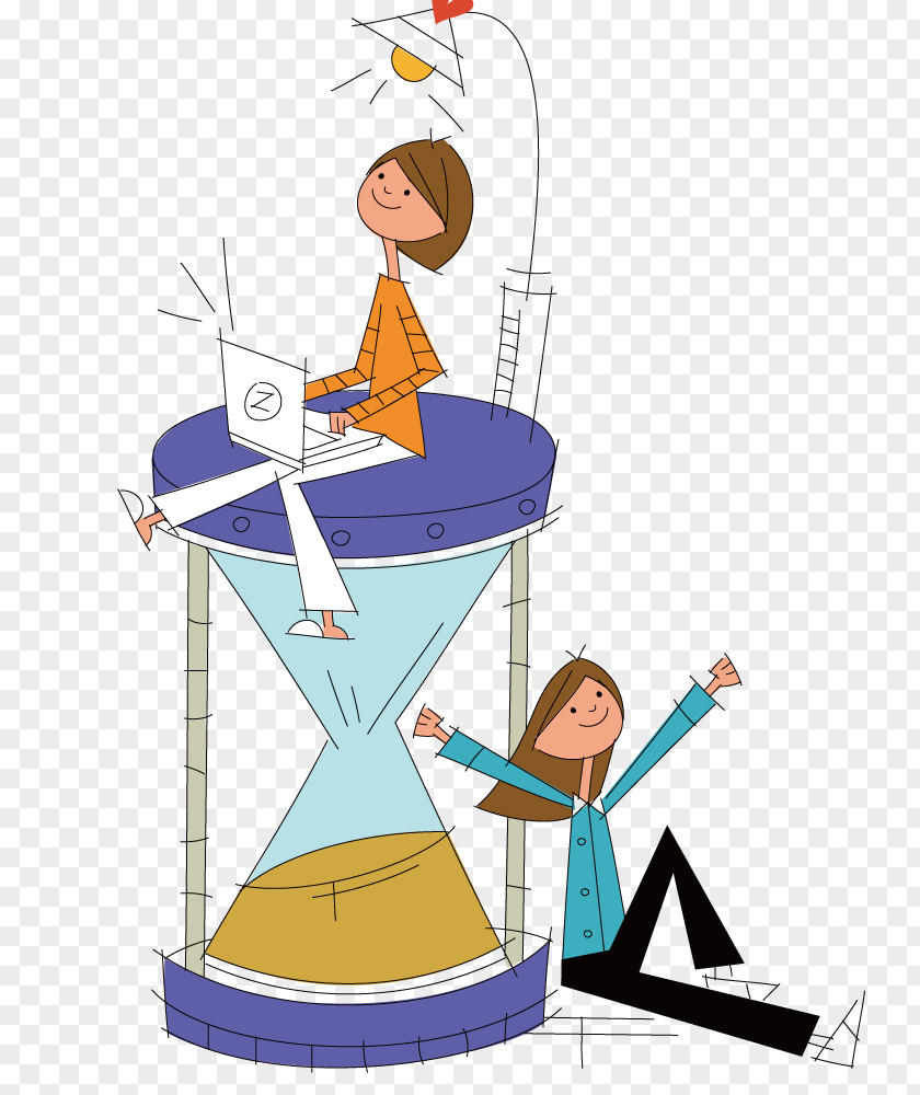 Hourglass And Two Girls Illustration PNG