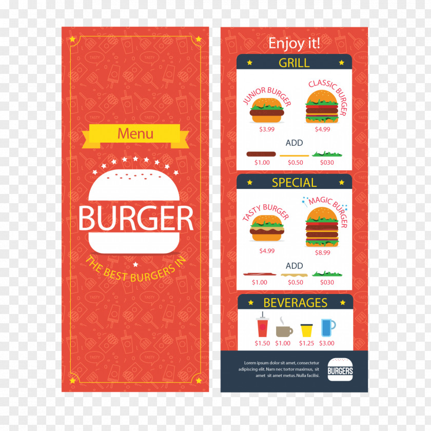 Burger Menu Design Vector Material Hamburger Fast Food Cheeseburger French Fries Pizza PNG