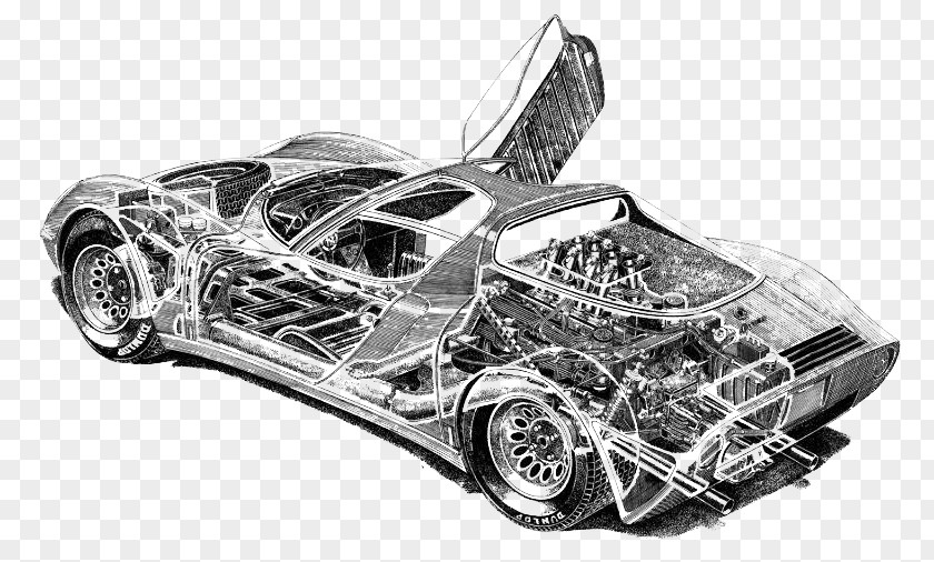 Black And White Sketch Mechanical Sports Car Alfa Romeo 33 Stradale Tipo 147 PNG