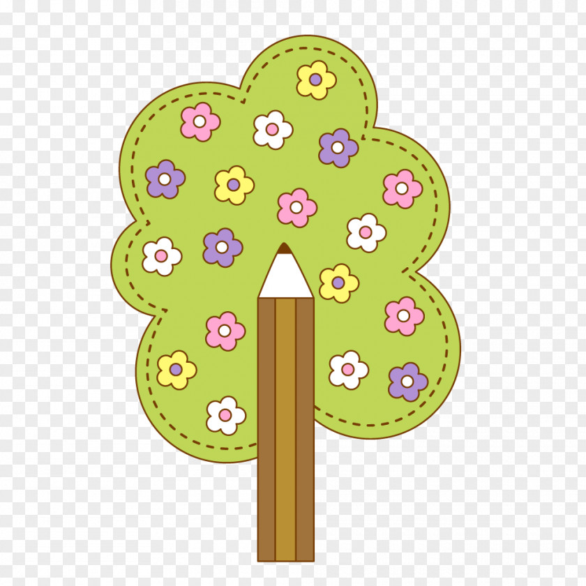 Pencil Flowers Trees Cartoon Illustration PNG