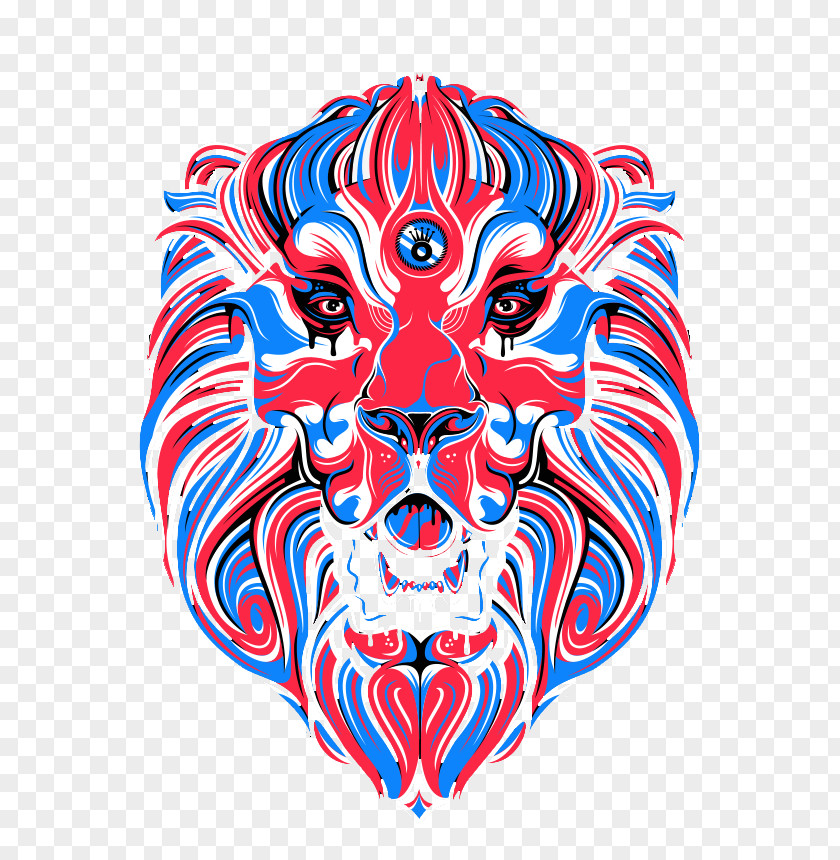 Blue And Red Lines Lionhead Lion Illustration PNG