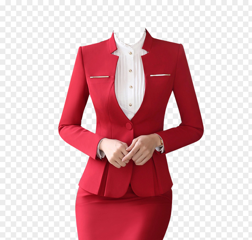 Red Low Collar Professional Women Suit Skirt Formal Wear Clothing Dress PNG