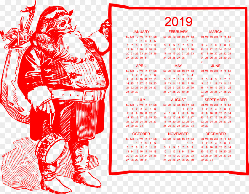 2019 Red Calendar Christmas Fat Santa. PNG