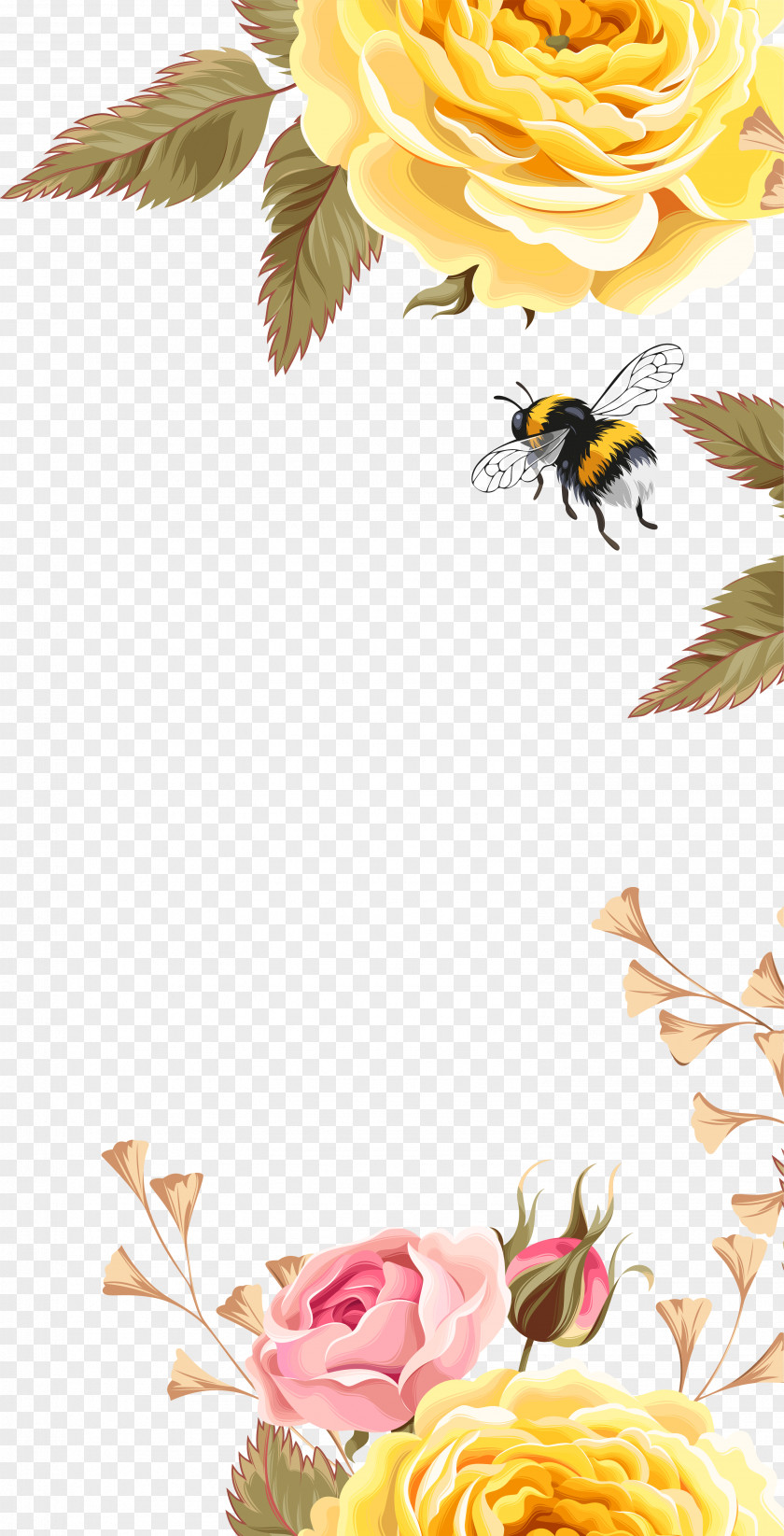 Yellow Beautiful Flower Bees Bee Bird Pattern PNG