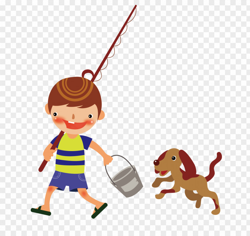 Cartoon Puppy Fishing Rod And Bucket Drawing PNG