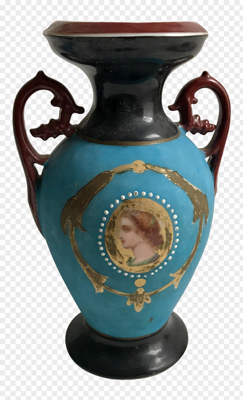 Retro Hand Painted Ceramic Vase Pottery Urn Cobalt Blue PNG