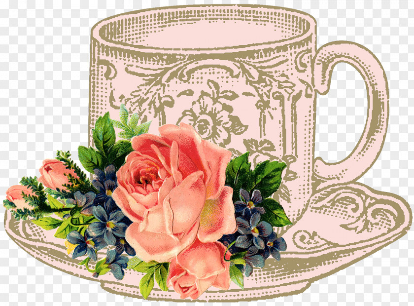 Tea Bag Wreath Lapel Pin Garden Roses Nostalgia Heart Tin Floral Design Coffee Cup PNG