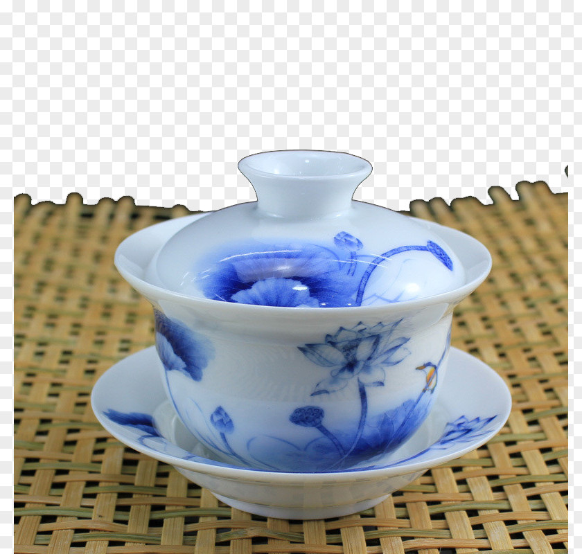 Blue And White Covered Tea Cup On A Bamboo Mat Wuyi Da Hong Pao Coffee Teapot PNG
