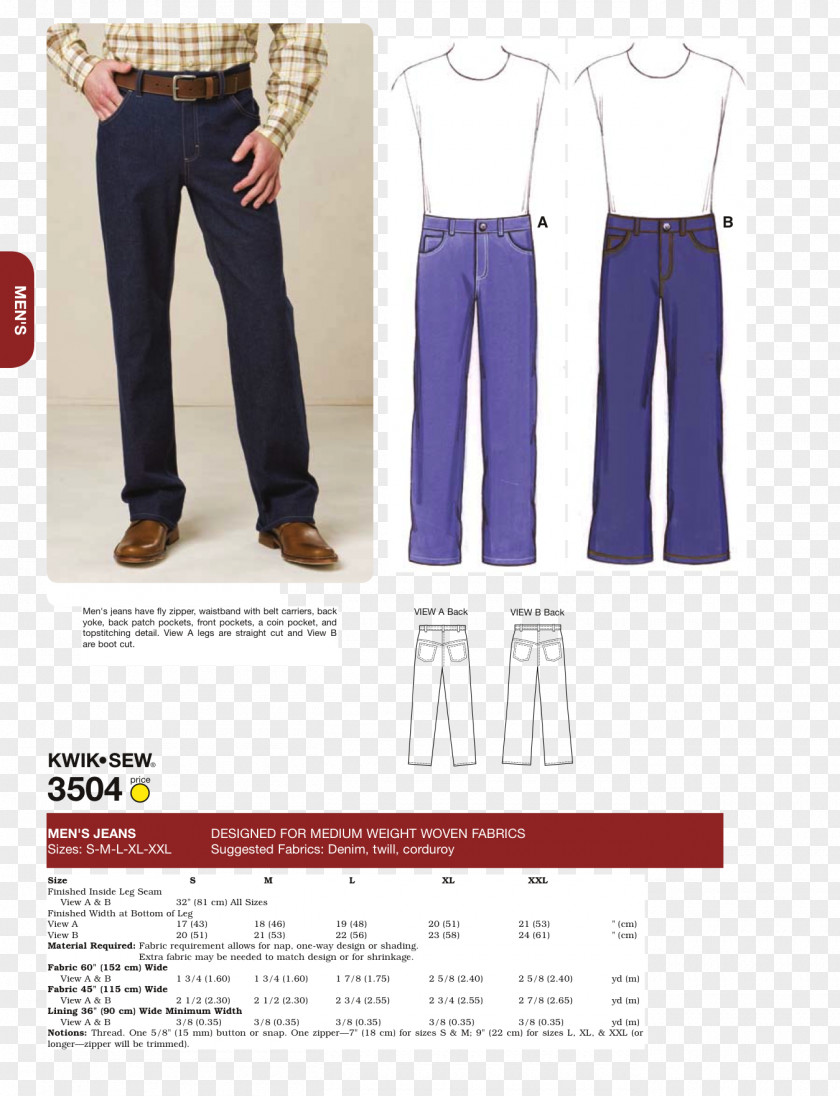 Jeans Sewing Clothing Sizes Pants Pattern PNG