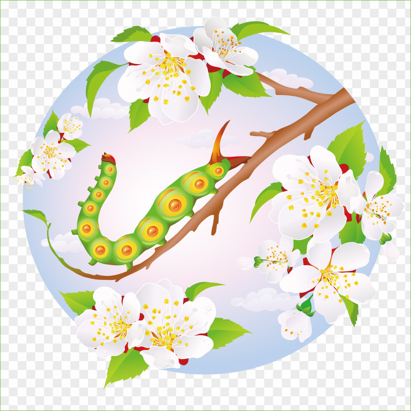 Fun-filled Caterpillar And Flowers Insect Cartoon Illustration PNG